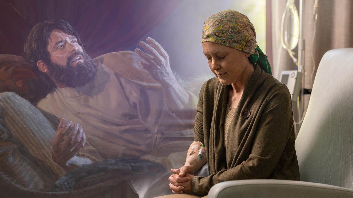 Serie de imágenes: 1. Una hermana ora con intensidad mientras recibe un tratamiento de quimioterapia. 2. El rey Ezequías le suplica a Jehová mientras está enfermo en su cama.