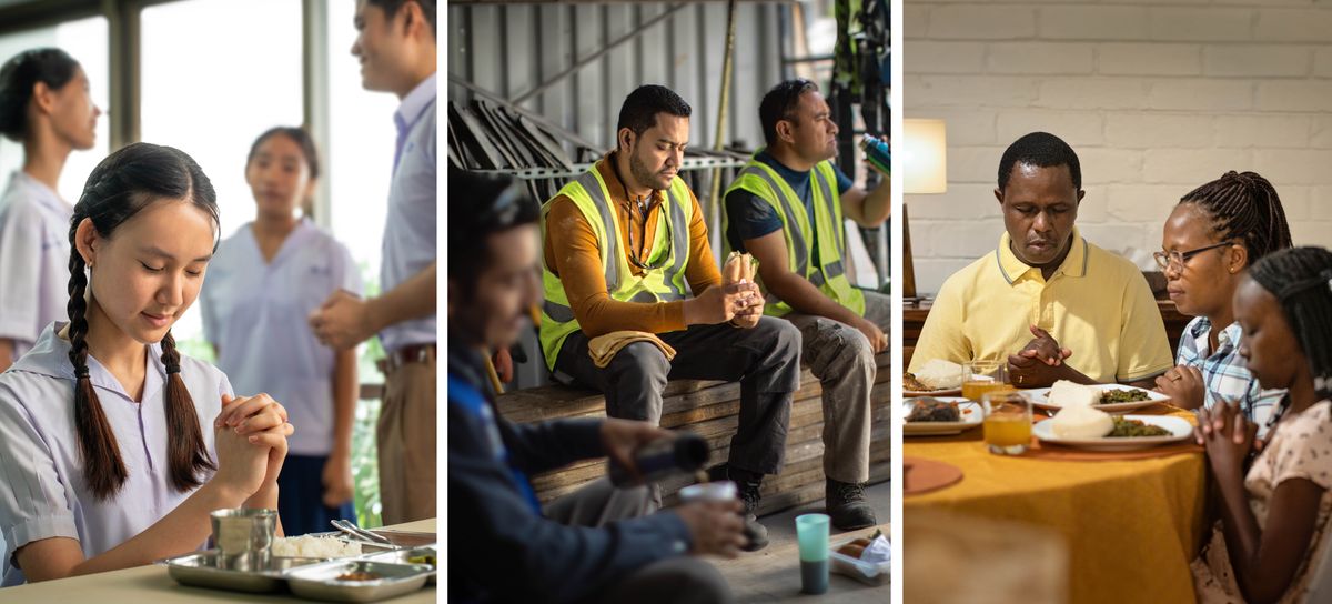 Imágenes de hermanos y hermanas que oran antes de comer: 1. Una joven Testigo en la cafetería de la escuela con compañeros conversando detrás de ella. 2. Un hermano que trabaja en la construcción, en su descanso del mediodía con sus compañeros al lado. 3. Un matrimonio y su hija en el comedor de su casa.