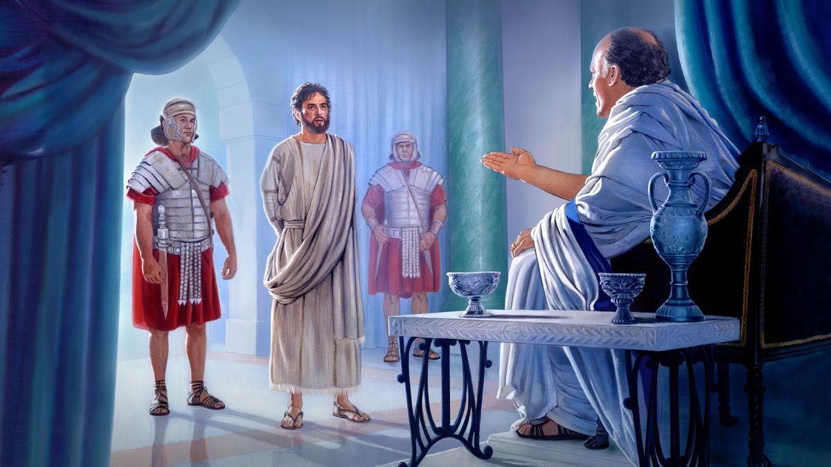 Poncio Pilato interroga a Jesús, quien está custodiado por dos soldados romanos.