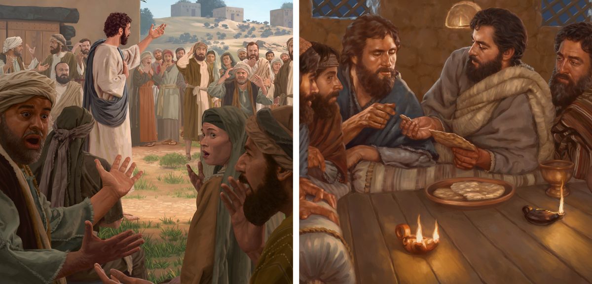 Serie de imágenes: 1. Jesús hablándole a una multitud. Algunos de los que lo escuchan están murmurando y otros están escandalizados. 2. Jesús estableciendo la Cena del Señor con sus apóstoles fieles.