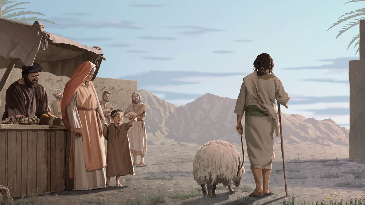 Un nazareo va caminando con el pelo largo y llevando una oveja a su lado. Cerca hay varios israelitas mirándolo y burlándose de él.
