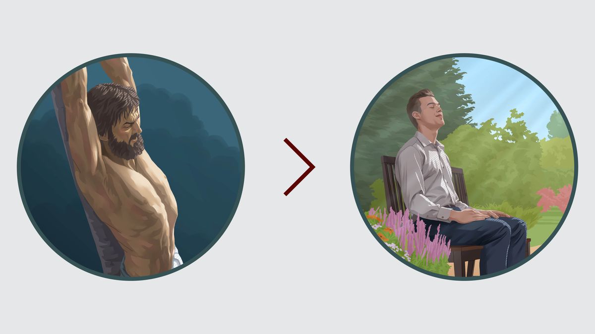 Imágenes que muestran cómo el sacrificio de Jesús repara nuestra relación con Jehová: 1. Jesús en el madero de tormento. 2. Un hermano ora tranquilamente en un parque.