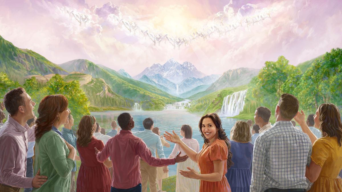 Ángeles que están en el cielo y seres humanos que están en el Paraíso en la Tierra alaban a Jehová con alegría.