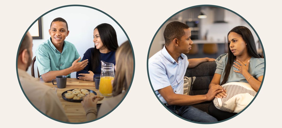 Serie de imágenes: 1. El esposo de la imagen anterior alaba a su esposa en una conversación con otras personas. 2. Él escucha con atención a su esposa, que le está contando cómo se siente.