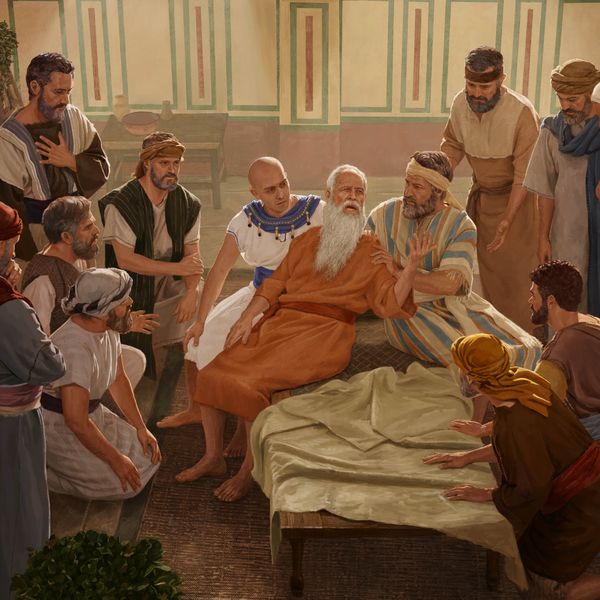 Jacob en su lecho de muerte, dirigiéndoles unas palabras proféticas a sus hijos varones, que están a su alrededor.