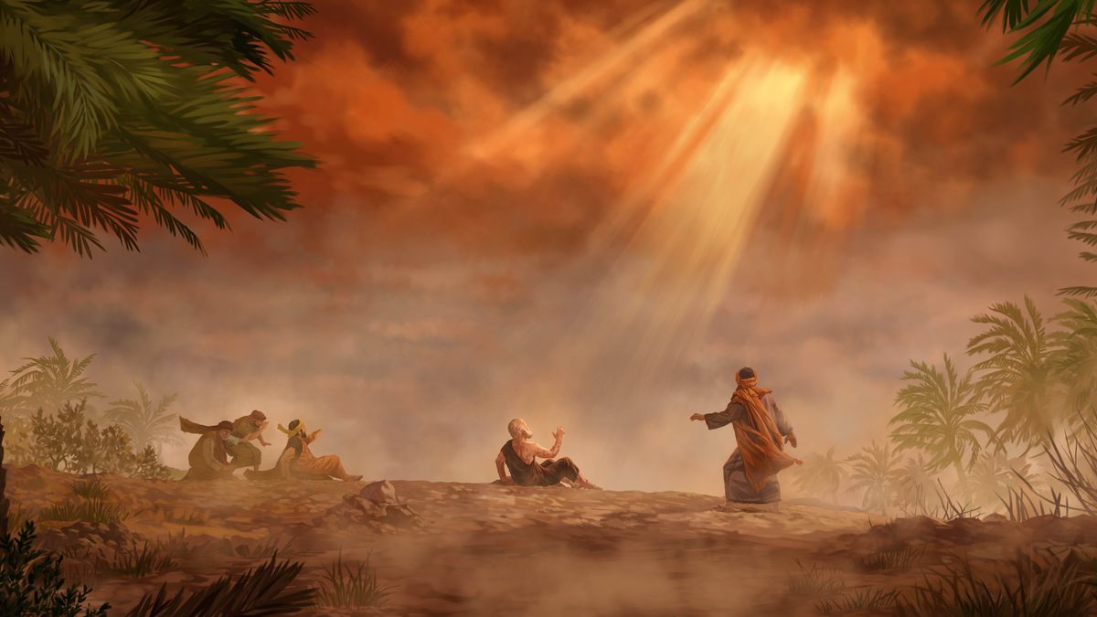 De las nubes salen unos rayos de luz que iluminan a Job mientras Jehová habla con él. Elihú y los tres falsos amigos están cerca, observando.