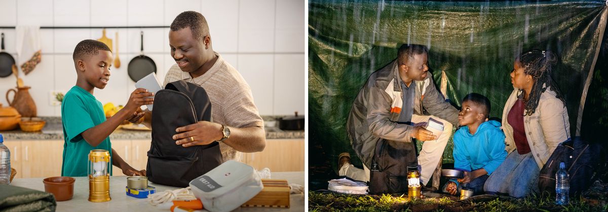 Serie de imágenes: 1. Un hermano y su hijo metiendo en su mochila de emergencia una Biblia y otros artículos. 2. En una situación de emergencia, el hermano, su esposa y su hijo se resguardan de la lluvia bajo una lona de tela y utilizan los artículos de la mochila.