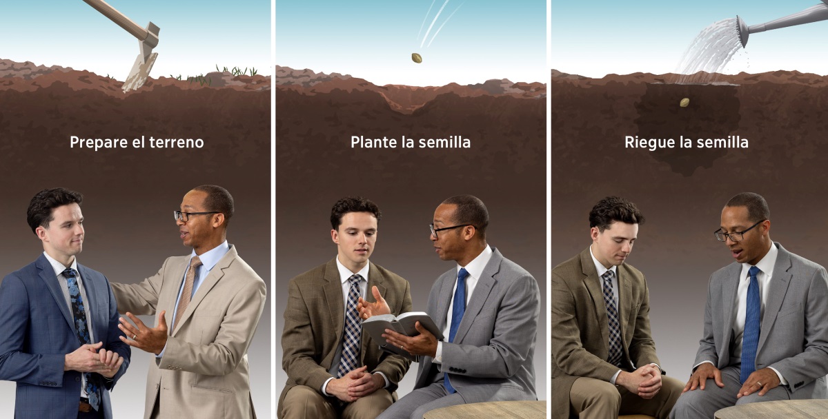 Escenas que muestran cómo un anciano que aconseja a un hermano se parece a un agricultor que planta una semilla en un terreno duro. 1. Prepara el terreno: El agricultor ara la tierra, y el anciano le habla con cariño al hermano. 2. Planta la semilla: El agricultor siembra la semilla en la tierra ablandada, y el anciano usa la Biblia para razonar con el hermano. 3. Riega la semilla: El agricultor le echa agua a la semilla, y el anciano ora con el hermano.