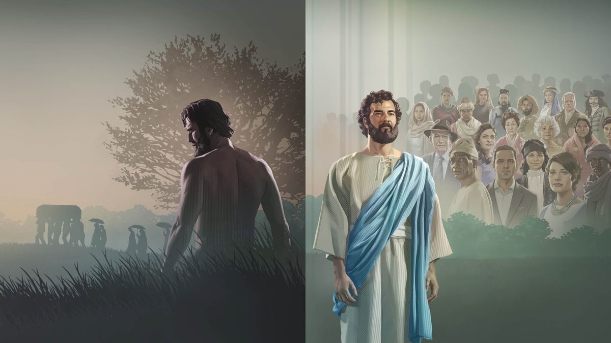 Serie de imágenes: 1. Adán de pie y en el fondo unas personas llevan un ataúd en una procesión funeraria. 2. Jesús de pie y en el fondo personas de diferentes épocas, razas, culturas y antecedentes.