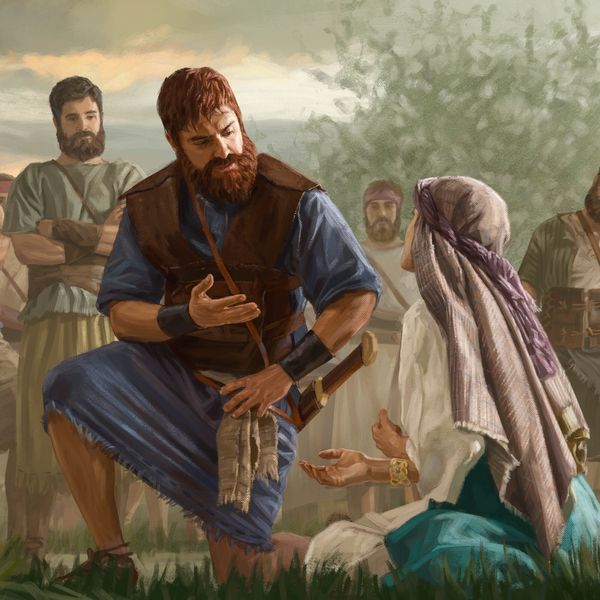 El rey David escucha con atención a Abigaíl, quien está sentada en el suelo pidiéndole que siga su consejo. Los hombres de David están detrás de él y los observan a los dos.