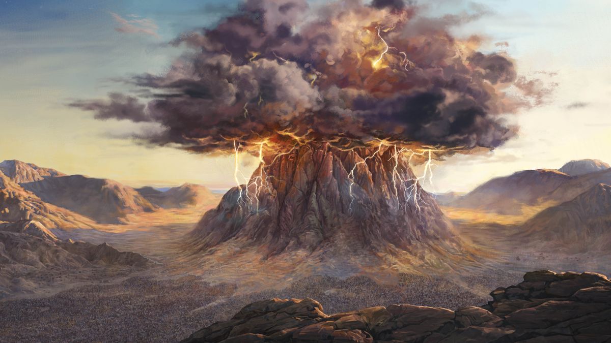 Nubes densas llenas de relámpagos envuelven la parte superior del monte Sinaí. Los israelitas se reúnen al pie de la montaña.
