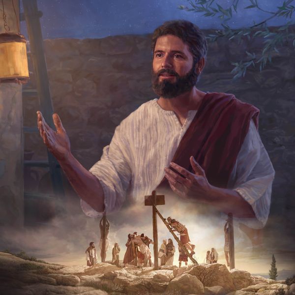 Serie de imágenes: 1. Jesús hablando durante la noche. 2. Unos soldados romanos bajan del madero de tormento el cuerpo de Jesús.
