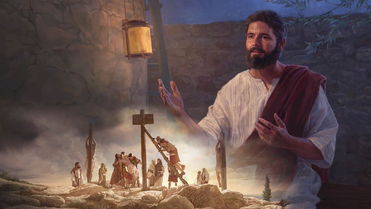 Serie de imágenes: 1. Jesús hablando durante la noche. 2. Unos soldados romanos bajan del madero de tormento el cuerpo de Jesús.