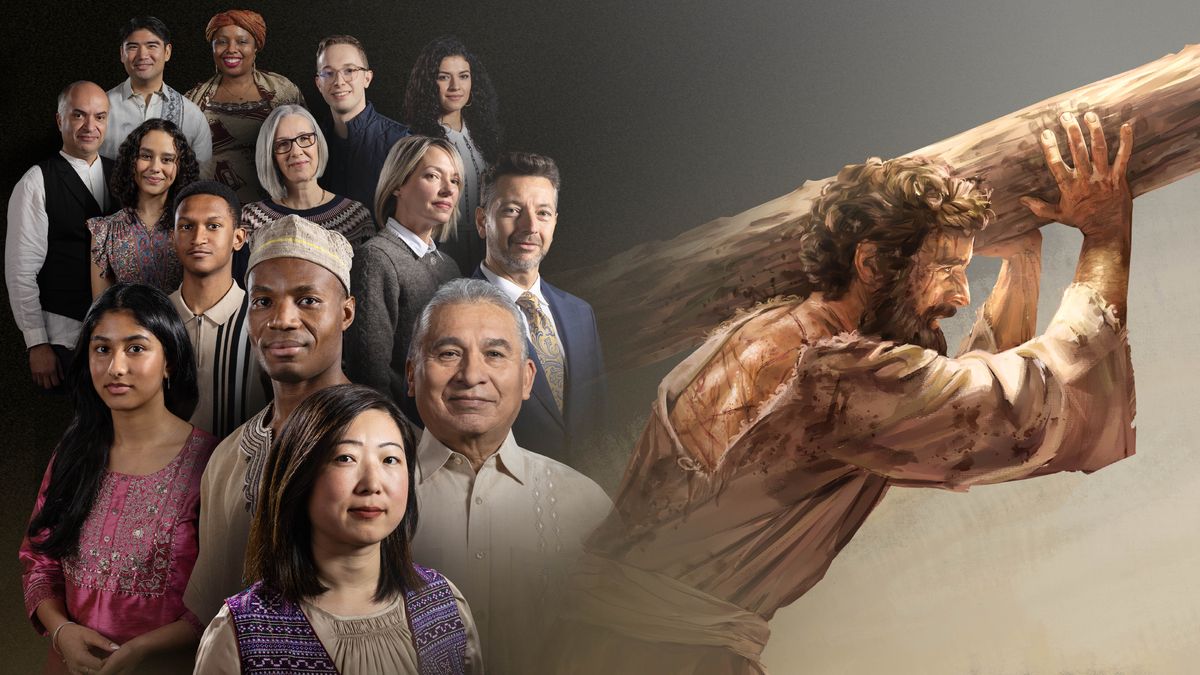 Serie de imágenes: 1. Personas de distintas culturas. 2. Jesús cargando su madero de tormento.