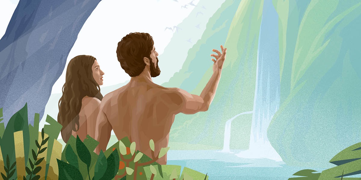 Adán y Eva contemplando una cascada en el jardín de Edén