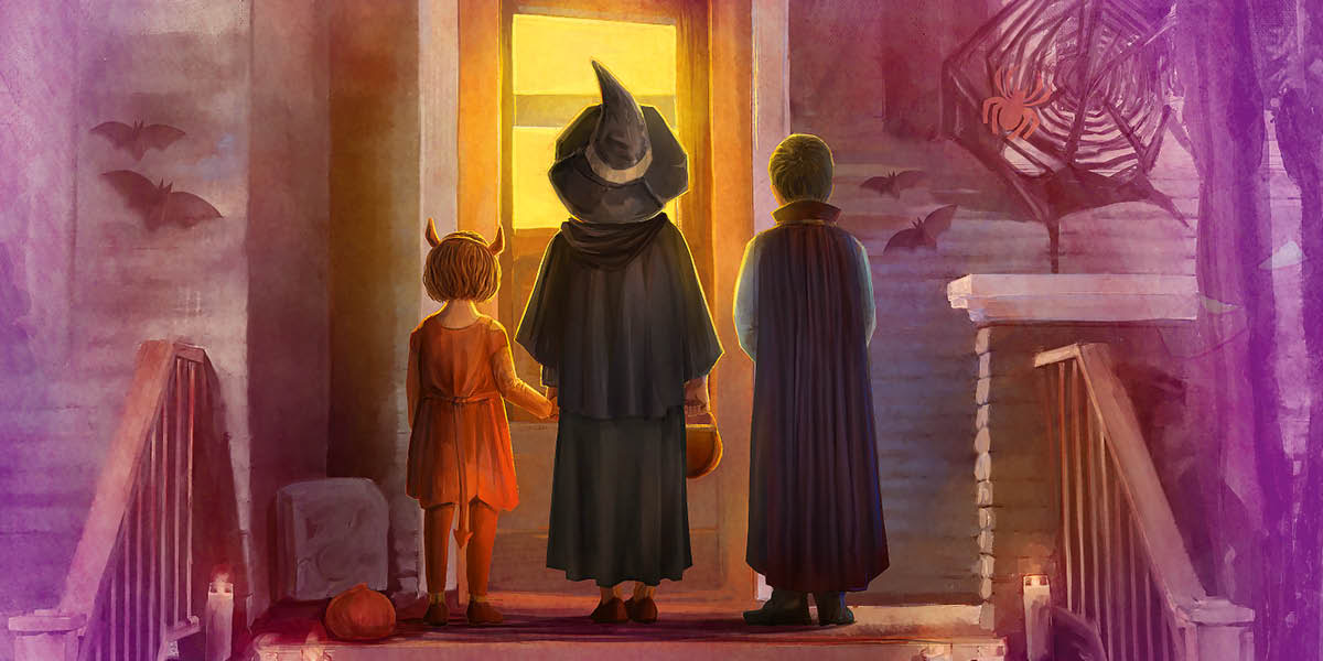 Tres niños disfrazados están frente a la puerta de una casa decorada para Halloween.
