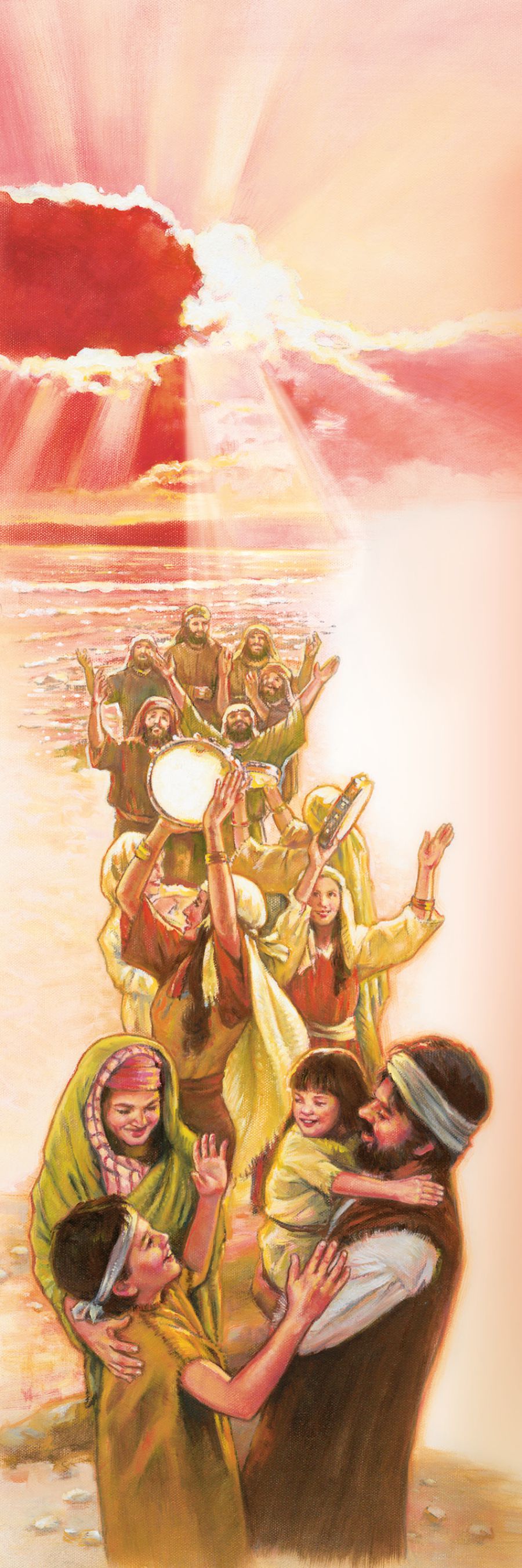 Los israelitas cantan, bailan y le dan gracias a Jehová después de cruzar el mar Rojo