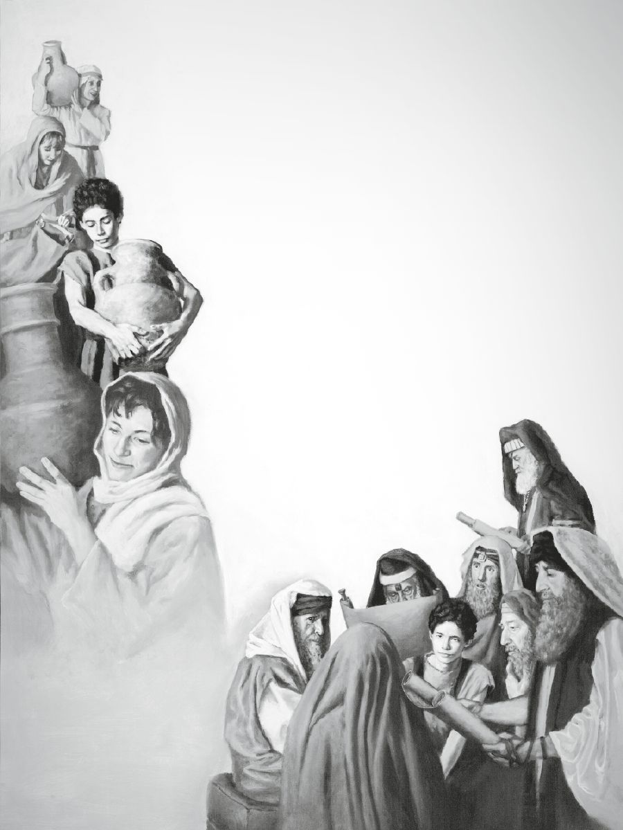 El joven Jesús ayuda a traer agua de un pozo; Jesús les hace preguntas a los hombres en el templo