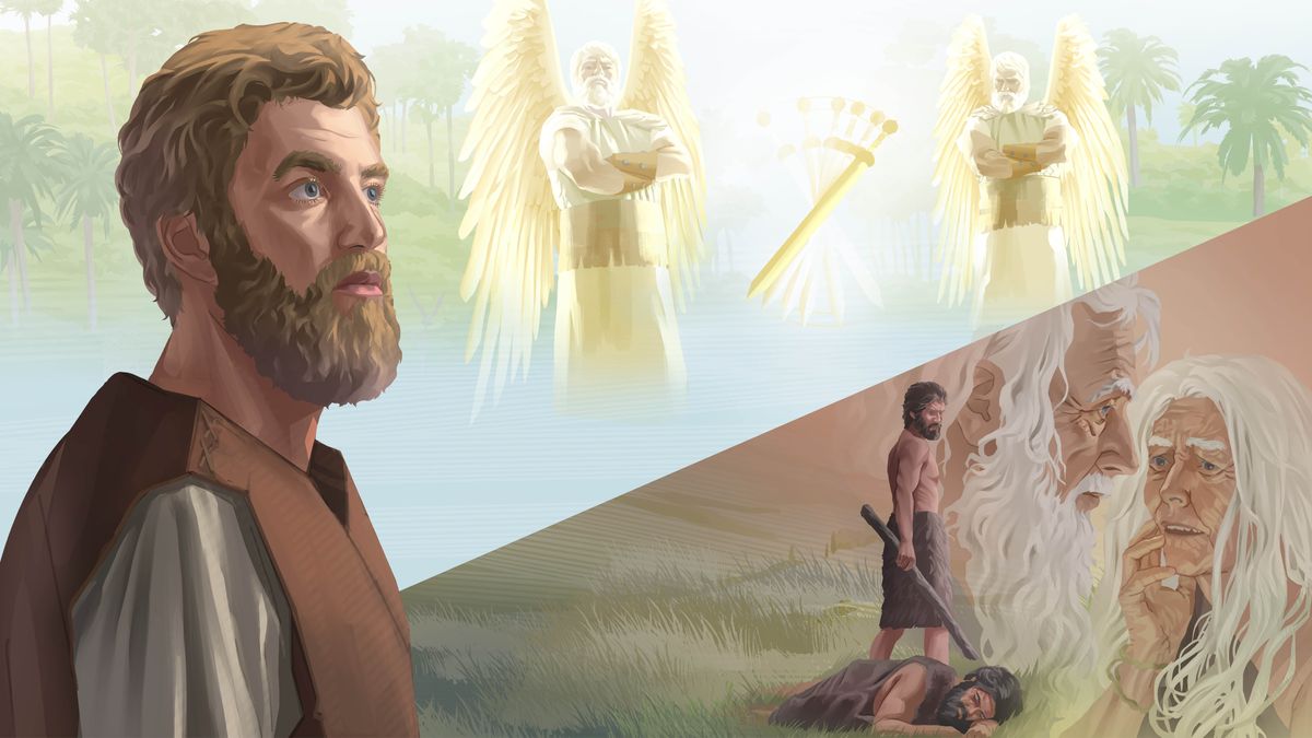 Enoc meditando en algunos sucesos relacionados con sus antepasados. Serie de imágenes: 1. El jardín de Edén protegido por dos querubines y una espada de fuego. 2. Adán y Eva envejecidos. 3. Caín al lado del cuerpo de su hermano Abel, a quien acaba de asesinar.