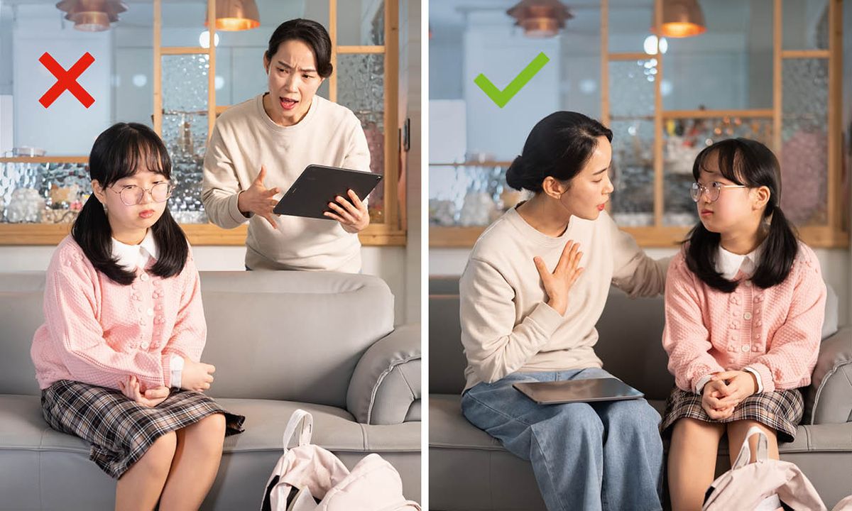 一组对比图，显示妈妈知道女儿接触色情资讯之后的不同反应：1．妈妈很生气骂女儿；2．妈妈平静地与女儿沟通。
