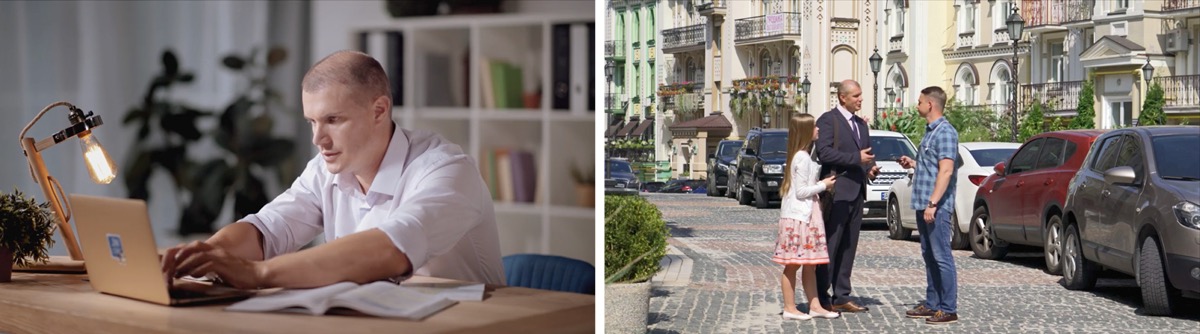 Scene iz videa “Živio sam za nogomet”: 1. Andriy proučava Bibliju; 2. Andriy propovijeda sa svojom kćeri