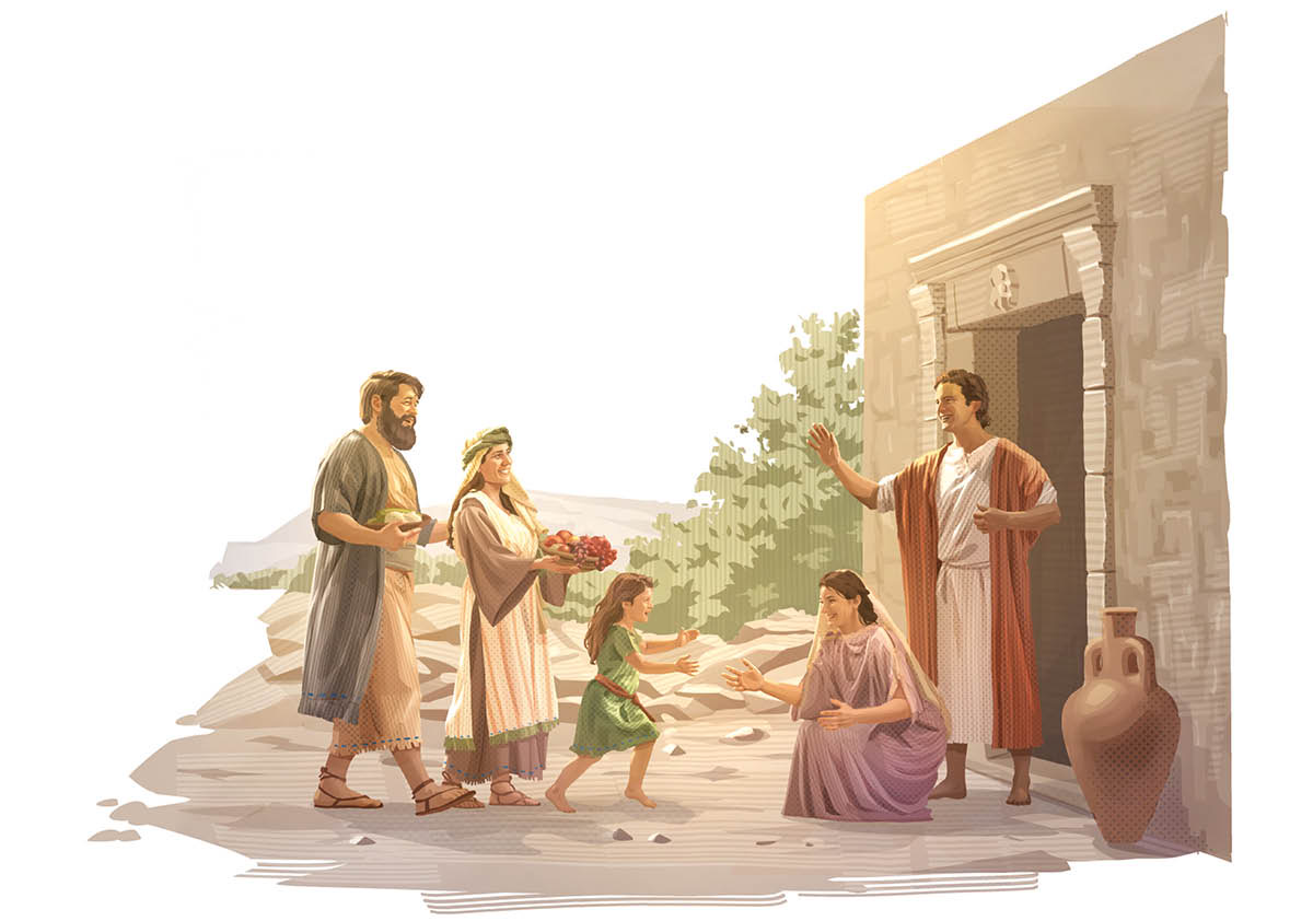 Una familia cristiana del siglo primero llevando cestas de comida a la casa de otra familia cristiana.