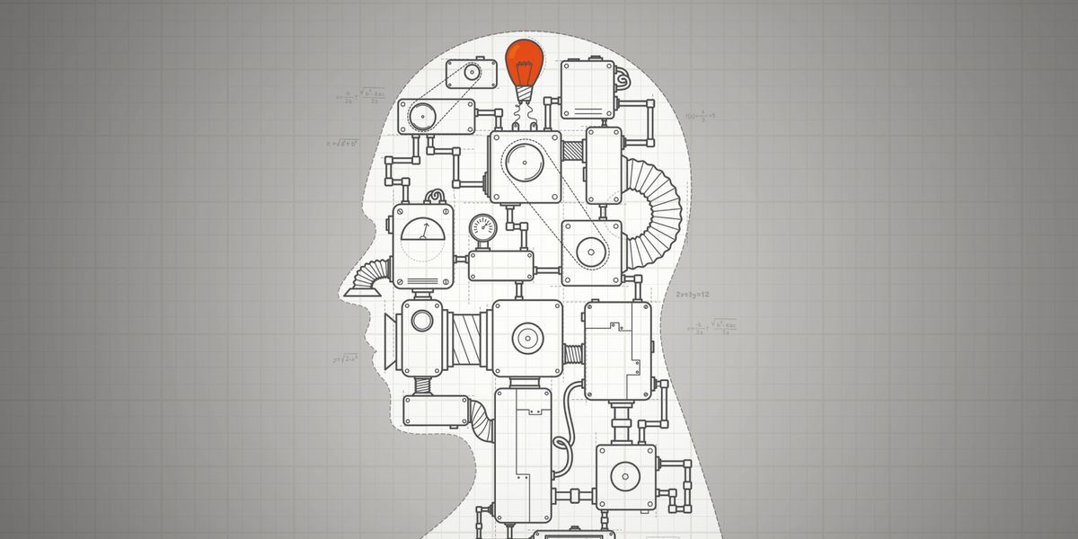 Silueta de una cabeza humana. Dentro se ve dibujado el plano de una máquina de inteligencia artificial.