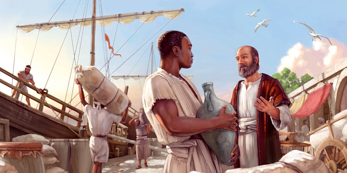 El apóstol Pablo hablando con un trabajador del puerto junto a un barco