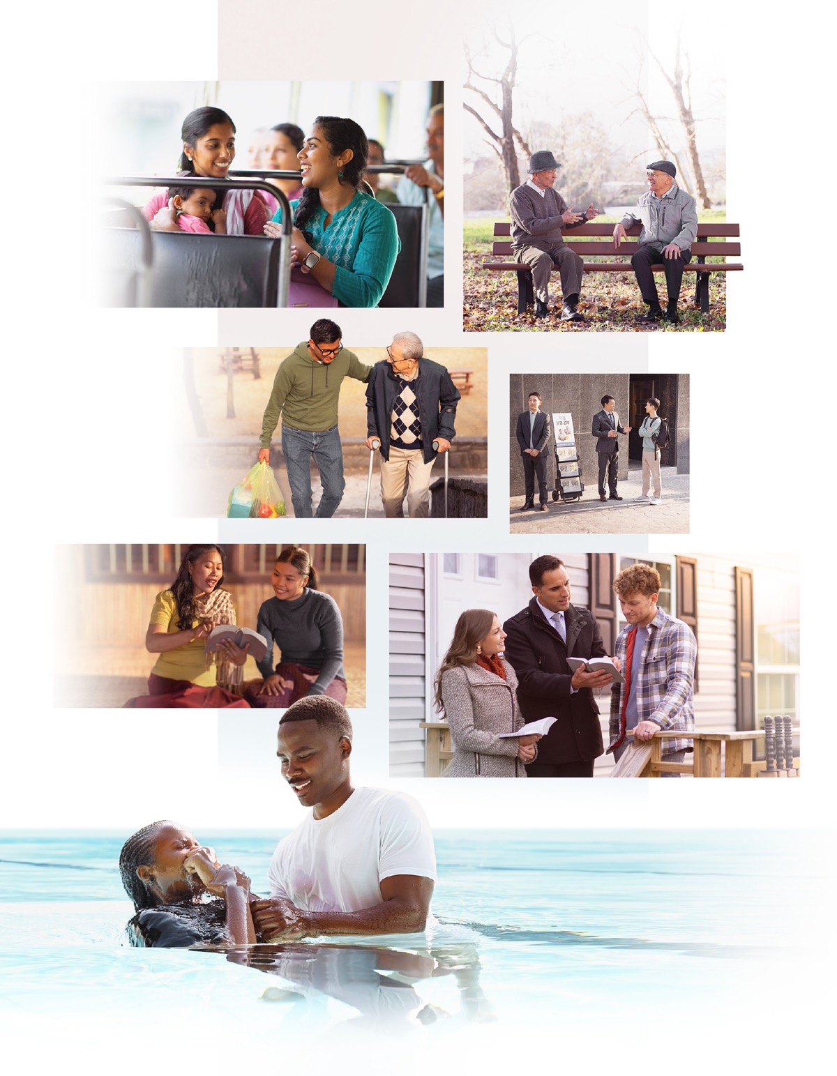 Collage: Jehovah’s Witnesses showing love and making disciples. 1. A sister converses with a woman on a bus. 2. An older brother speaks with a man on a park bench. 3. A younger brother carries groceries for an elderly man. 4. A brother at a literature cart witnesses to a young man. 5. A sister reads a scripture to a young woman. 6. A couple reads a scripture to a man in the door-to-door ministry. 7. A brother baptizes a new sister.