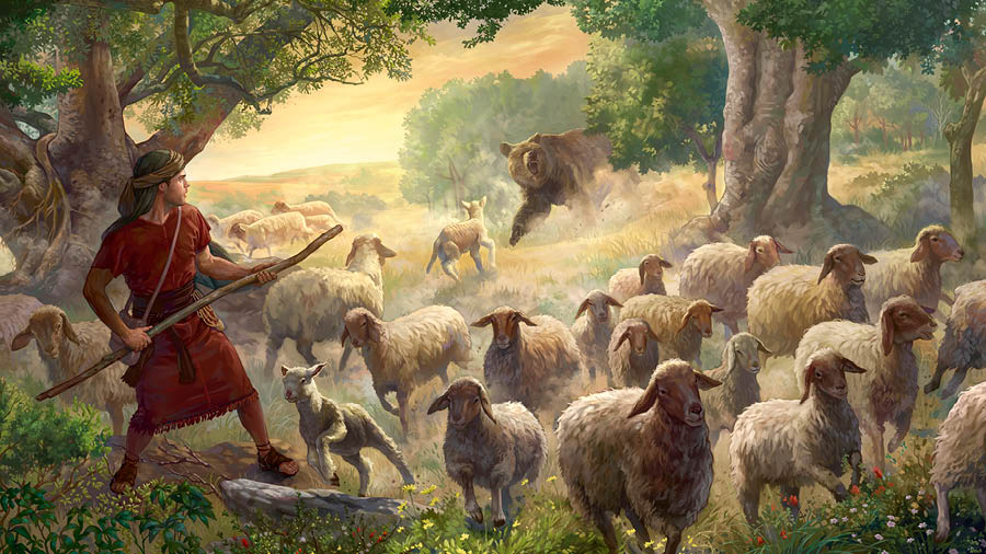 El joven David, futuro rey de Israel, se prepara para proteger a un rebaño de ovejas de un oso.