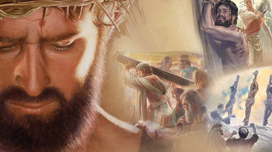 Jesús con una corona de espinas. Serie de imágenes: 1. Tiene las manos atadas a un poste mientras lo azotan con un látigo. 2. Carga con el madero mientras muchas personas lo miran. 3. Está colgado en el madero entre dos delincuentes, y muchas personas le gritan insultos.