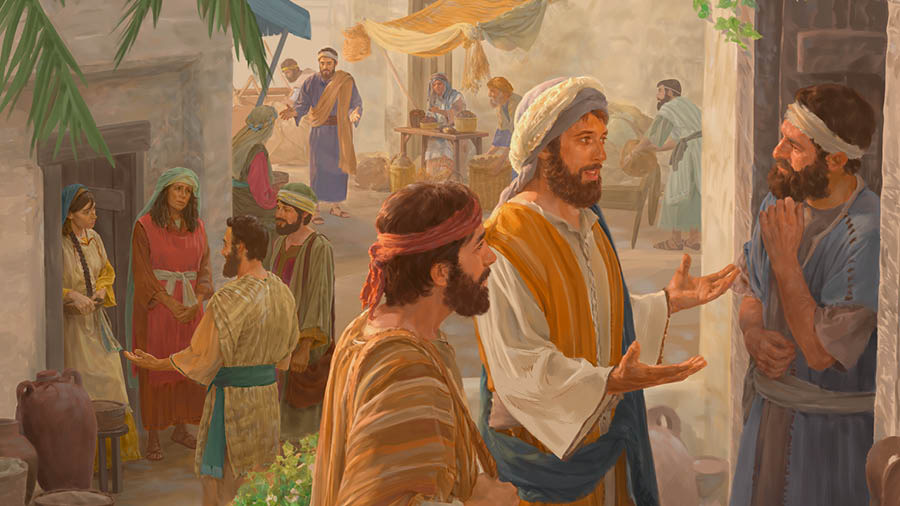 Cristianos del siglo primero predicando con entusiasmo de casa en casa y a los vendedores en las calles.