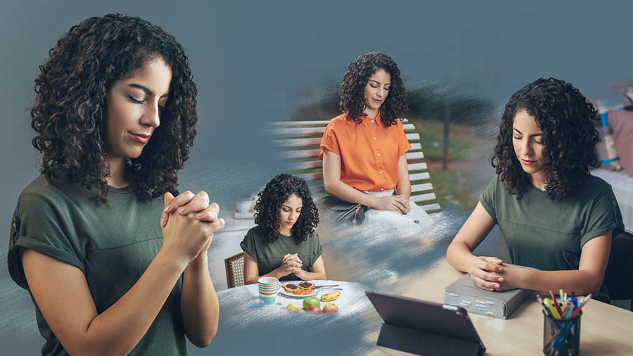 Imágenes de una hermana orando a diferentes horas del día. 1. Antes de comer. 2. Sentada en un parque. 3. Antes de estudiar la Biblia.