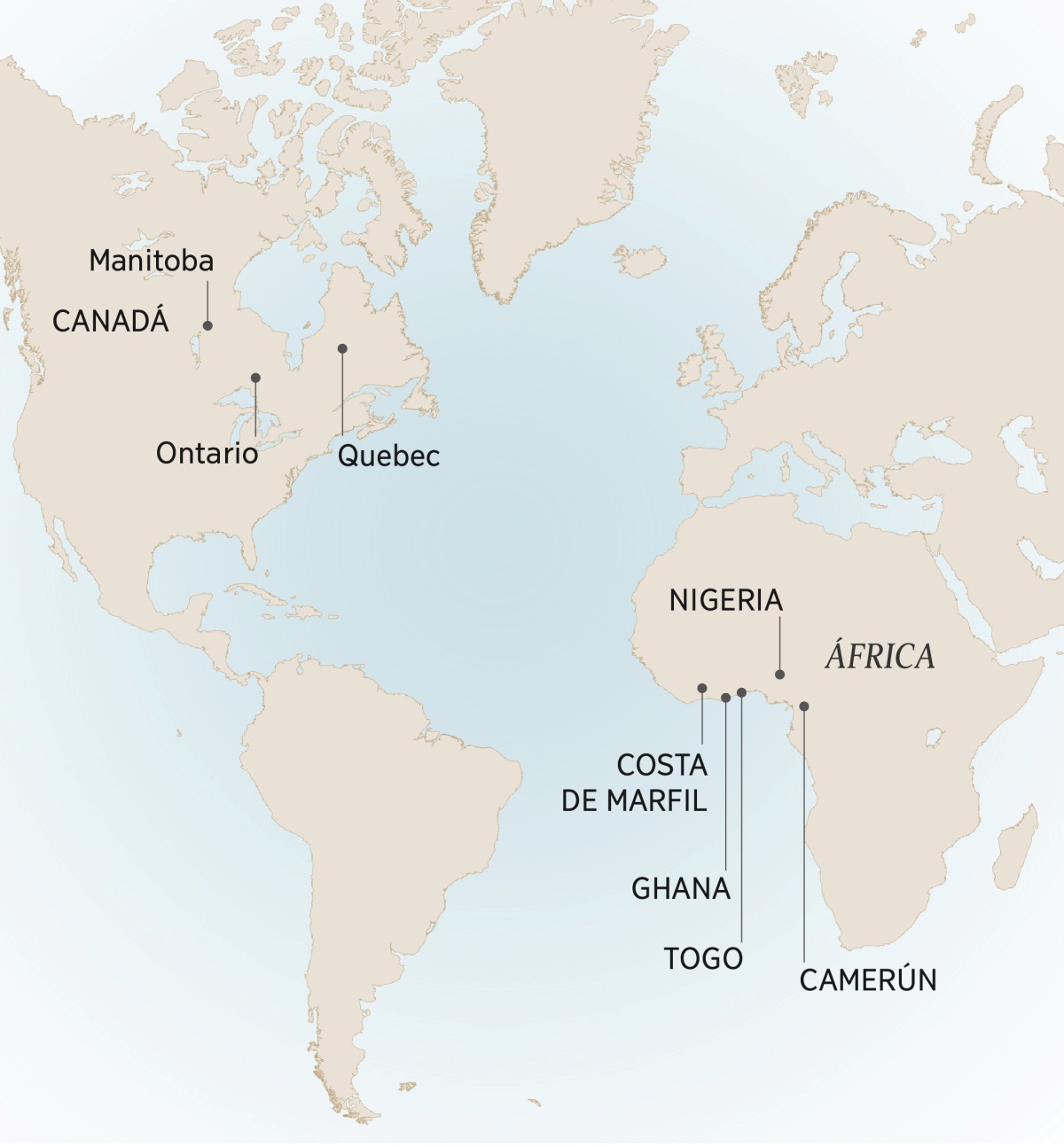 Mapa abaʉba ũdubibʉ André sama jʉ̃ẽnata akʉza sama basita: Manitoba, Ontario, Quebec, Canadá; Camerún, Costa de marfil, Ghana, Nigeria, Togo akʉza África.