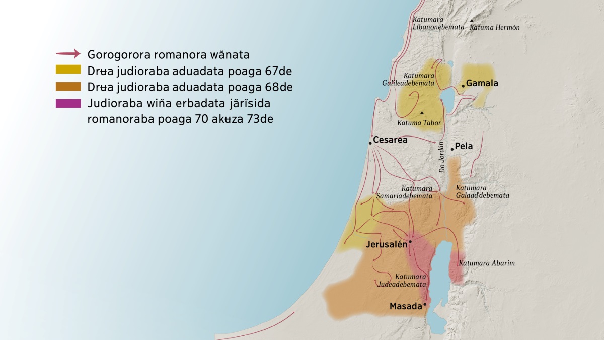Mapaba ũdubibʉ ʉ̃kʉrʉ katumarata akʉza Israeldebema pʉwʉrʉra siglo nããrabemane badata. Wãdeare ũdubibʉ katuramara Líbanonebemata, Galileadebemata, Samariadebemata, Galaadʼdebemata akʉza katuma Hermónʼnebemata adewara Tabordebemata. Jerusalén pʉwʉrʉra wãdearebʉra Gamala, Cesarea akʉza Pela. Kõbe Jerusalén bareare katumarabʉra trʉ̃ra Judea akʉza Abarim adewarabʉ pʉwʉrʉ Masadata. Adewara mapabara ũdubibʉ romanora gorogorora wã badata akʉza judioraba drʉa erbadata jãrĩsidata romanoraba poaga 70 akʉza 73de.