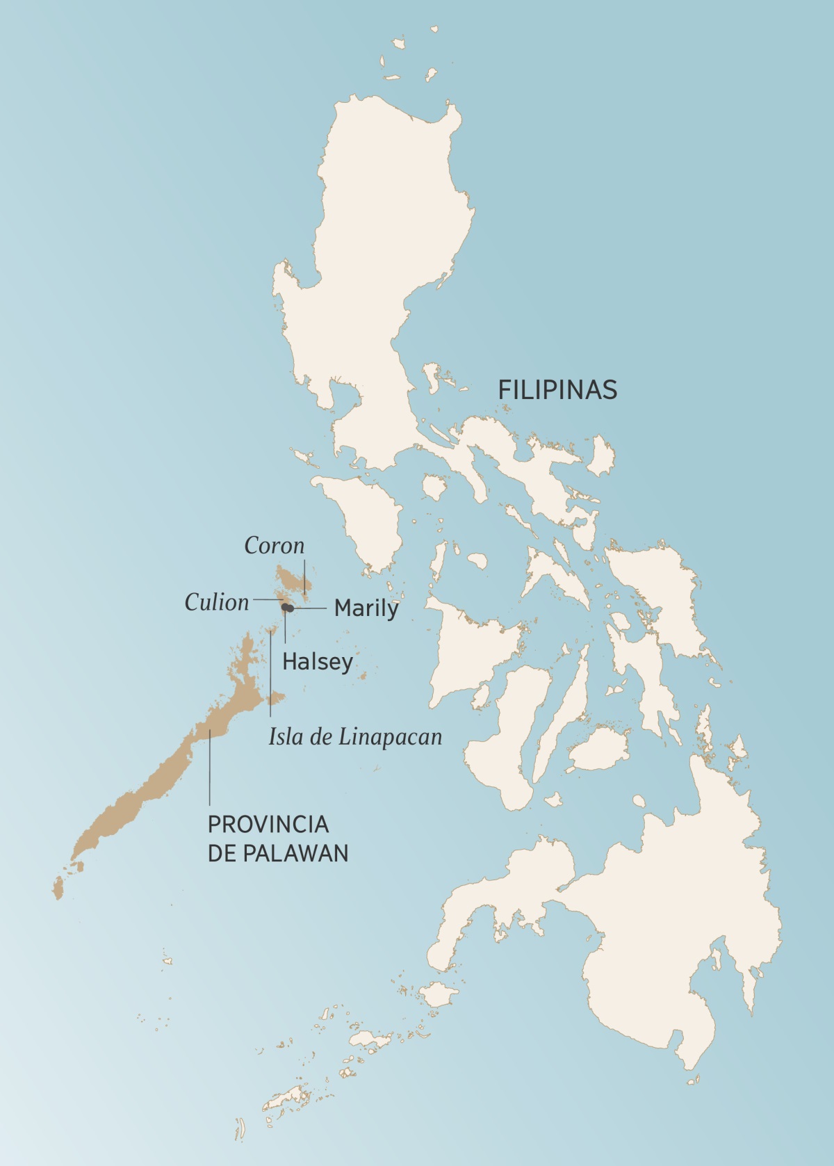 Pʉwʉrʉ Palawan mapa, maʉ̃rabʉ Filipinasne, ũdubibʉ ʉ̃kʉrʉ druata Angelitoba akʉza yi mebẽrãbawaraʉba jaradiabadata: Coron, Culion, Halsey, Marily akʉza Isla Linapacan.