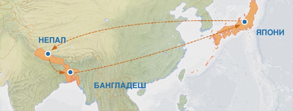 Японирен Непала, Непалтан Бангладеша, Бангладешран Японие кайнӑ ҫула кӑтартакан карттӑ