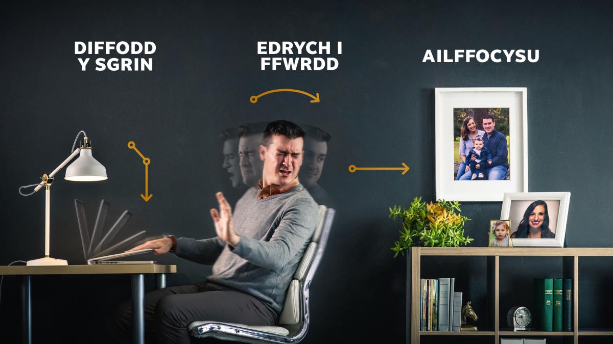 Brawd yn diffodd ei ddyfais electronig, yn troi i ffwrdd oddi wrtho, ac yn canolbwyntio ar lun o’i wraig a’i blentyn
