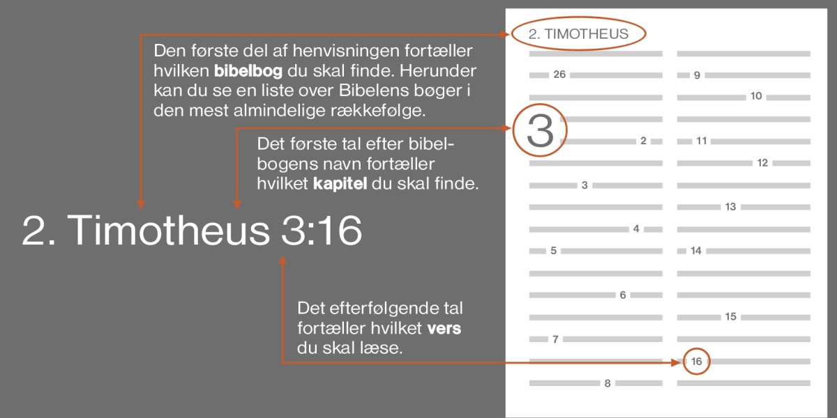 Hvordan man finder et vers i Bibelen ved at bruge 2. Timotheus 3:16 som et eksempel. Den første del af henvisningen fortæller hvilken bibelbog du skal finde, for eksempel 2. Timotheus. Herunder kan du se en liste over Bibelens bøger i den mest almindelige rækkefølge. Det første tal efter bibelbogens navn fortæller hvilket kapitel du skal finde, for eksempel kapitel 3. Det efterfølgende tal fortæller hvilket vers du skal læse, for eksempel vers 16.
