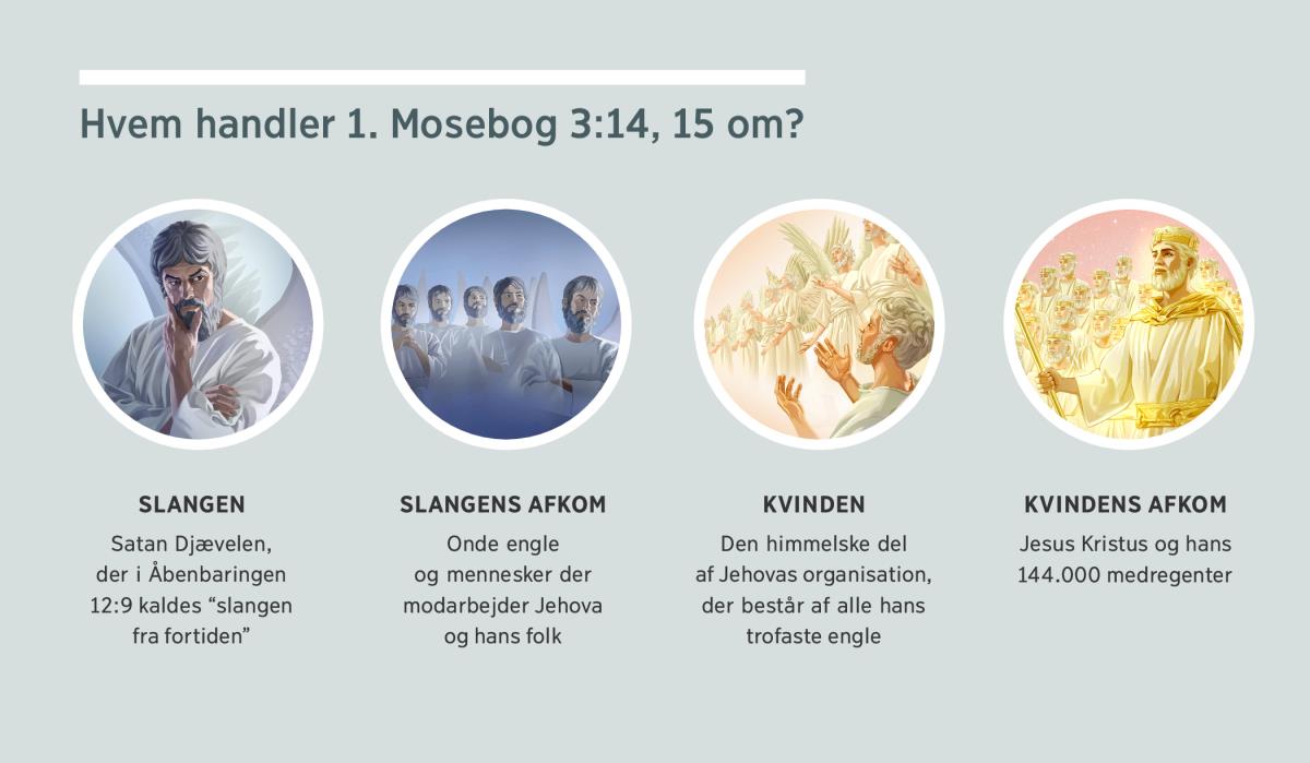 Billeder: “Hvem handler 1. Mosebog 3:14, 15 om?” 1. Slangen: Satan, skildret som en ond engel. 2. Slangens afkom: onde engle. 3. Kvinden: trofaste engle. 4. Kvindens afkom: Jesus Kristus og de salvede medregenter i himlen. Billederne bliver også vist i forbindelse med paragraf 4, 5, 7 og 8.