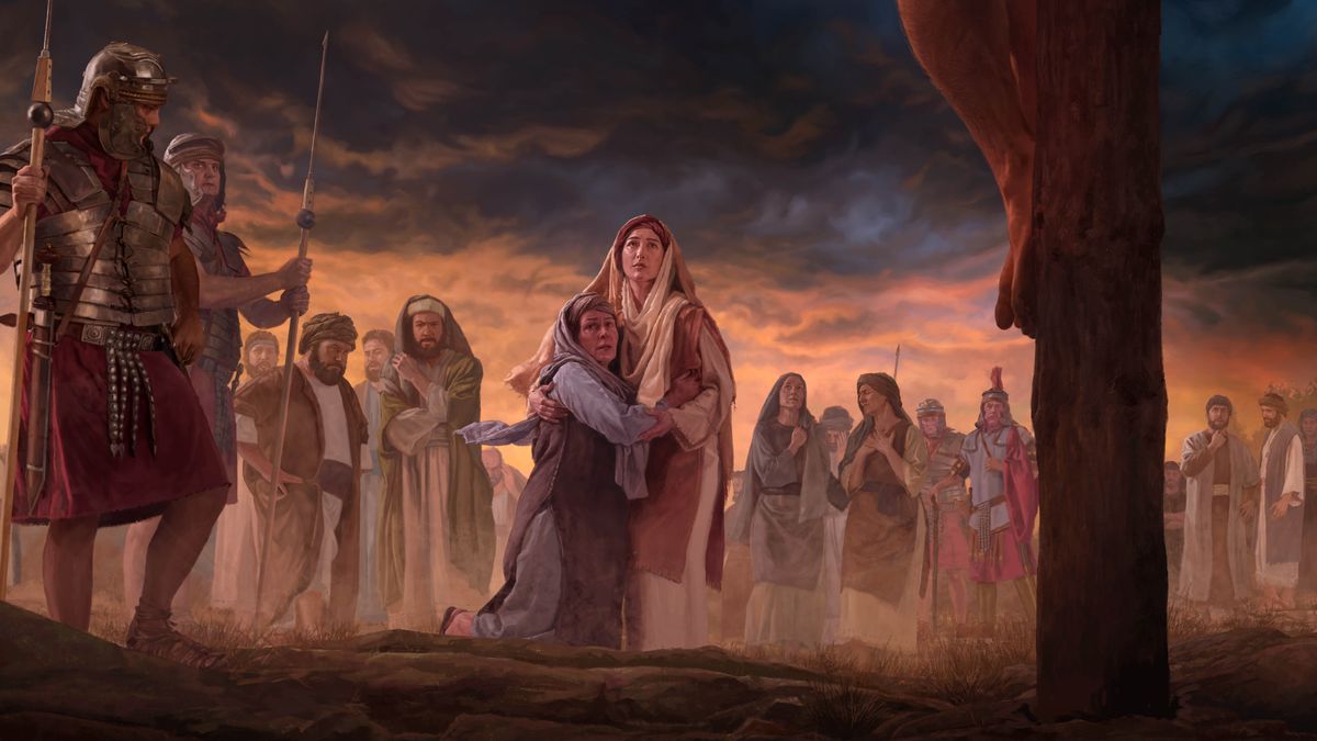 Maria Magdalene støtter Jesus’ mor mens de ser Jesus lide på torturpælen. Jødiske religiøse ledere kigger vredt på dem, romerske soldater står i nærheden, og andre ser bedrøvede til på afstand.