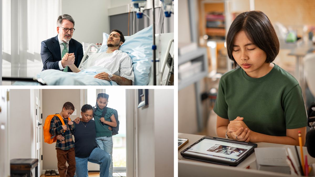 Billeder: En bror og to søstre beder for andre. Billederne vises igen hver for sig.