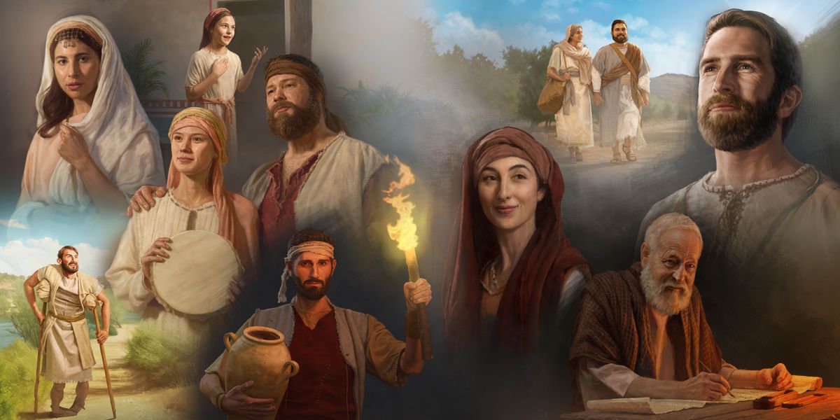 Collage: Nogle af Jehovas tjenere der viste mod og styrke. Øverste række: Rebekka, den lille israelitiske pige og apostlen Peter sammen med sin hustru. Midterste række: Jefta og hans datter, Maria Magdalene og Stefanus. Nederste række: Mefiboshet, Gideon og apostlen Johannes.