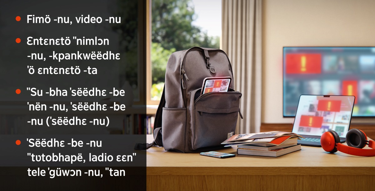 Tablɛtö do ˈö ˈˈkpɔɔnën ˈgü, telefɔnö do, ˈsëëdhɛ ˗be ˗nu waa ˈˈsu ˗bha ˈsëëdhɛ ˗nu, ɔdinatë waa ˗ya ˈˈtʋ ˗bha ˗pë, tele. Pë ˗nu ˈö ˈwɔn ˈö ˗gban mɛn ˈkpee˗ ˈˈbin ˗bha ˈö ꞊mɔɔn˗ ˗bha ˈö ˗kë ˗a ˈgü, wo ꞊nɛɛn: 1. Fimö ˗nu, video ˗nu. 2. Ɛntɛnɛtö ˈˈnimlɔn ˗nu, ˗kpankwëëdhɛ ˈö ɛntɛnɛtö ˗ta. 3. ˈˈSu ˗bha ˈsëëdhɛ ˗be ˈnën ˗nu, ˈsëëdhɛ ˗be ˗nu (ˈsëëdhɛ ˗nu). 4. ˈSëëdhɛ ˗be ˗nu ˈˈtʋtobhapë, ladio ɛɛnˈˈ tele ˈgüwɔn ˗nu, ˈˈtan.
