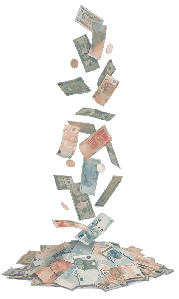 Geld regnet von oben auf einen Haufen