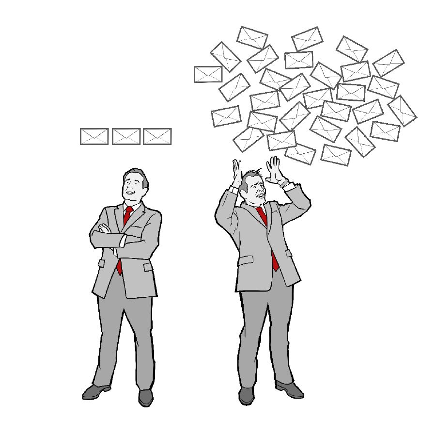 Piktogramm eines Mannes, der seine E-Mails dreimal am Tag checkt; Piktogramm eines gestressten Mannes, der seine E-Mails oft am Tag checkt