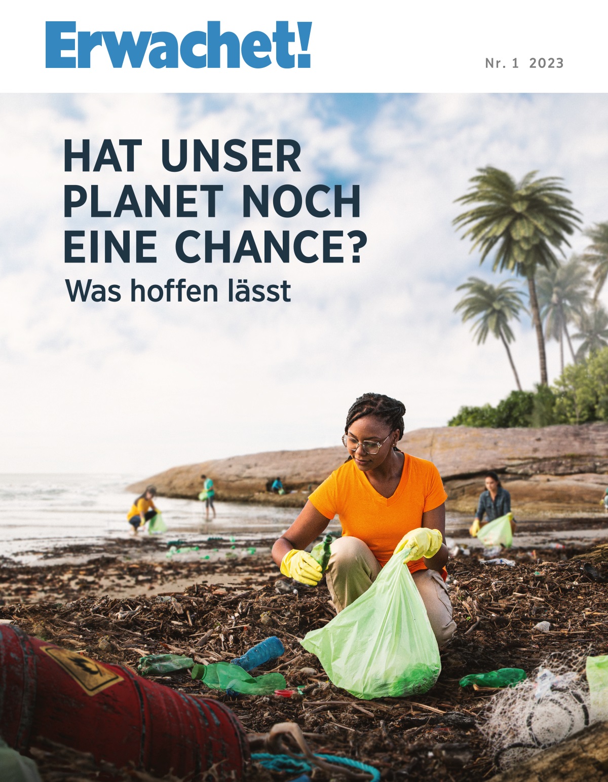 Eine Gruppe Freiwilliger sammelt an einem Strand Müll auf.