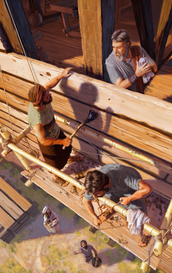 Noah und seine Familie arbeiten gemeinsam an der Arche
