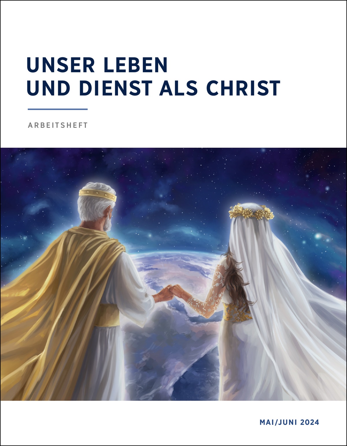 Im Himmel hält Jesus die Hand seiner Braut. Beide schauen auf die Erde.