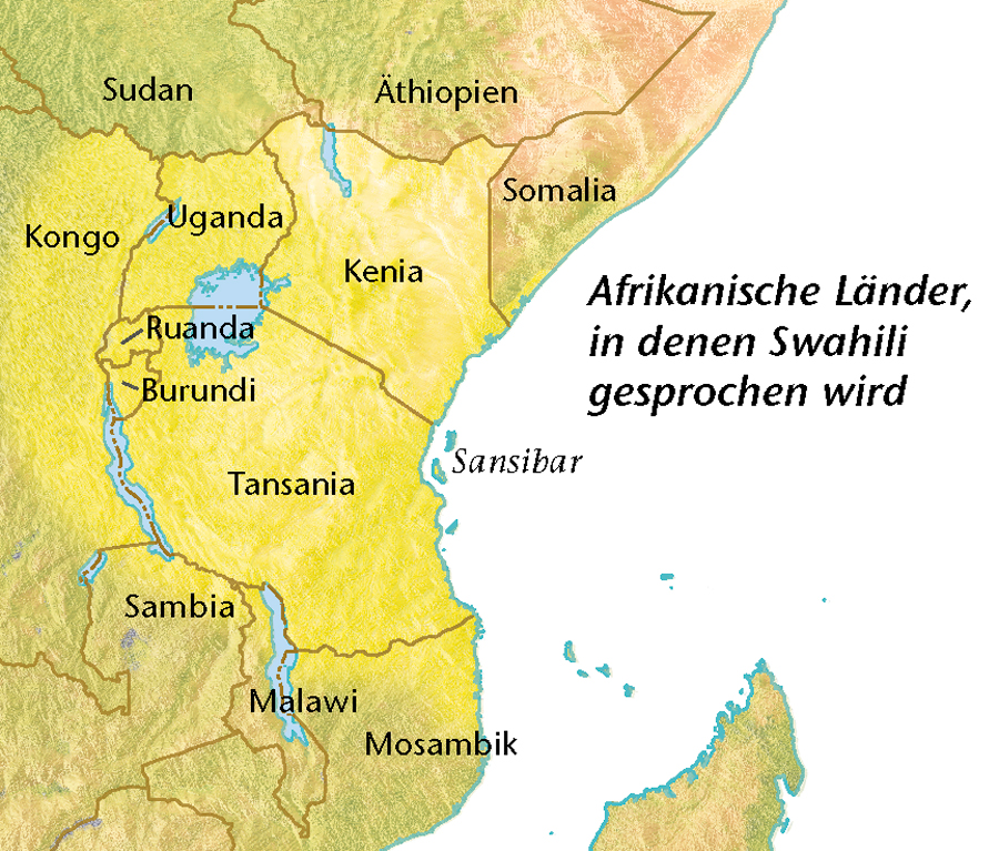 Eine Karte mit den afrikanischen Ländern, in denen Swahili gesprochen wird
